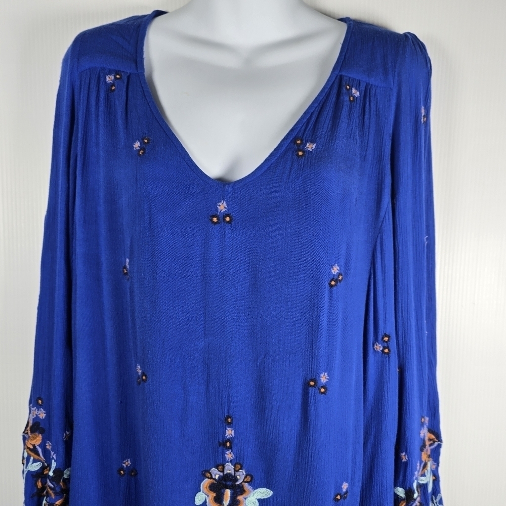 Free People Women's Boho Blue Oxford Embroidered Balloon Sleeve Dress Size S - Picture 6 of 16